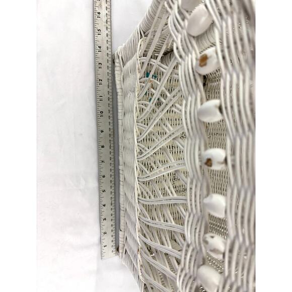 Vintage White Wicker Magazine Basket Holder Wooden 19.5" 1960's Storage Rack - Picture 12 of 16